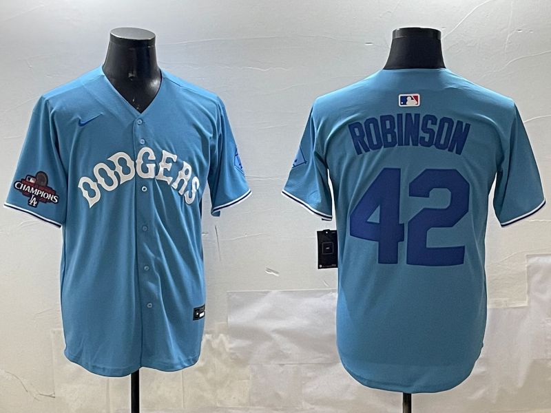 Men Los Angeles Dodgers #42 Robinson Light Blue Joint Name 2025 Nike MLB Jersey style 2